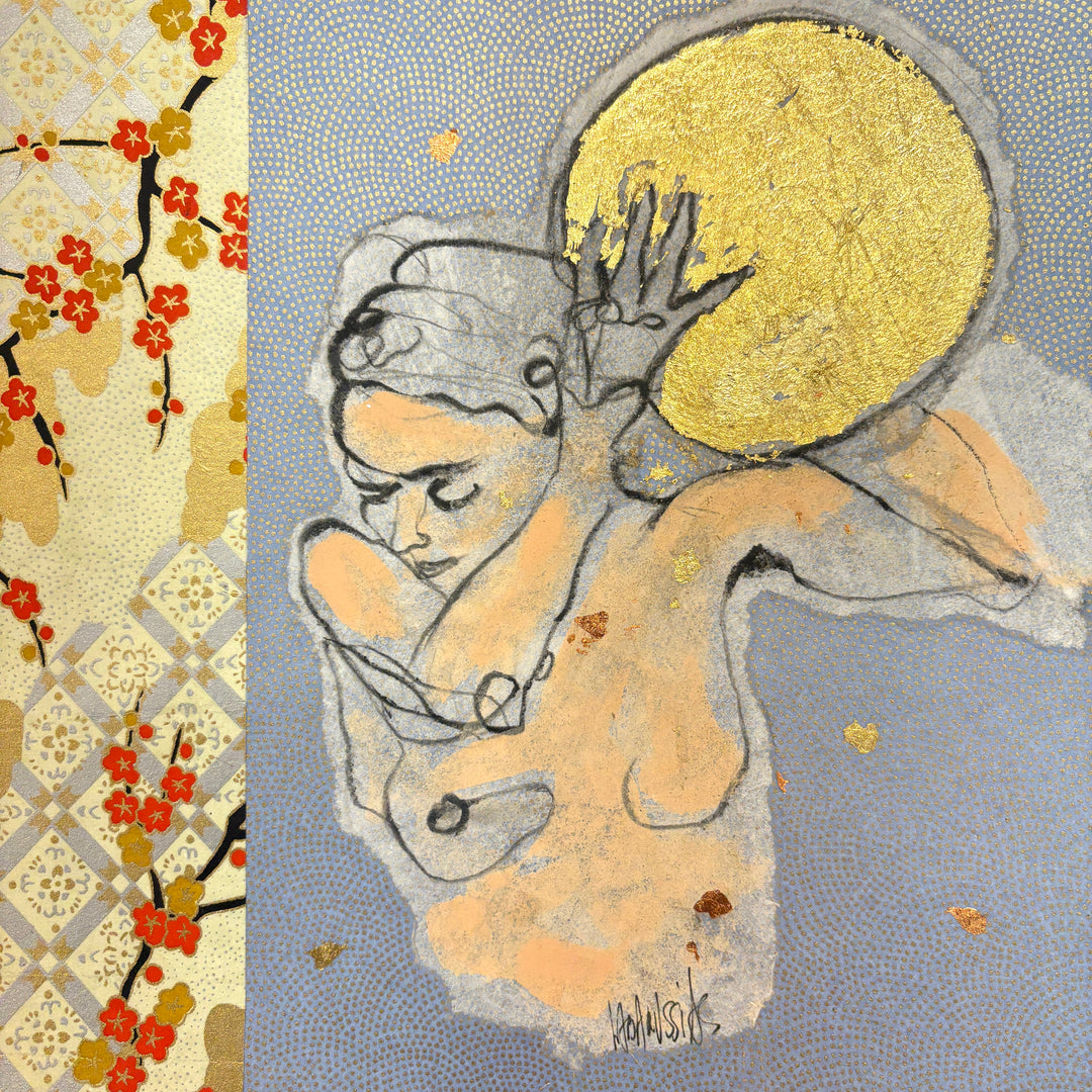 nude figure abstract sketch holding round ball on shoulder gold foil with Japanese paper collage 