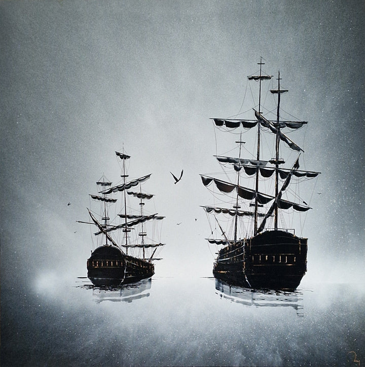Julien Rey, Galion, lacquer and gold leaf on board, 31 x 31 inches. Two dark silhouetted galleon ships with multiple masts and furled sails float on calm water against a grey misty background, with a few birds in flight between them.