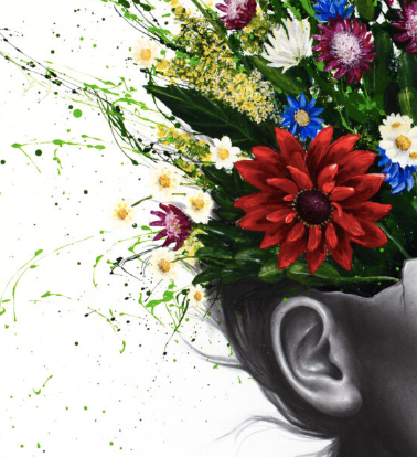 woman figure head cracking vase flowers bouquet splatter expressionism paint giclee black and white realism on white background