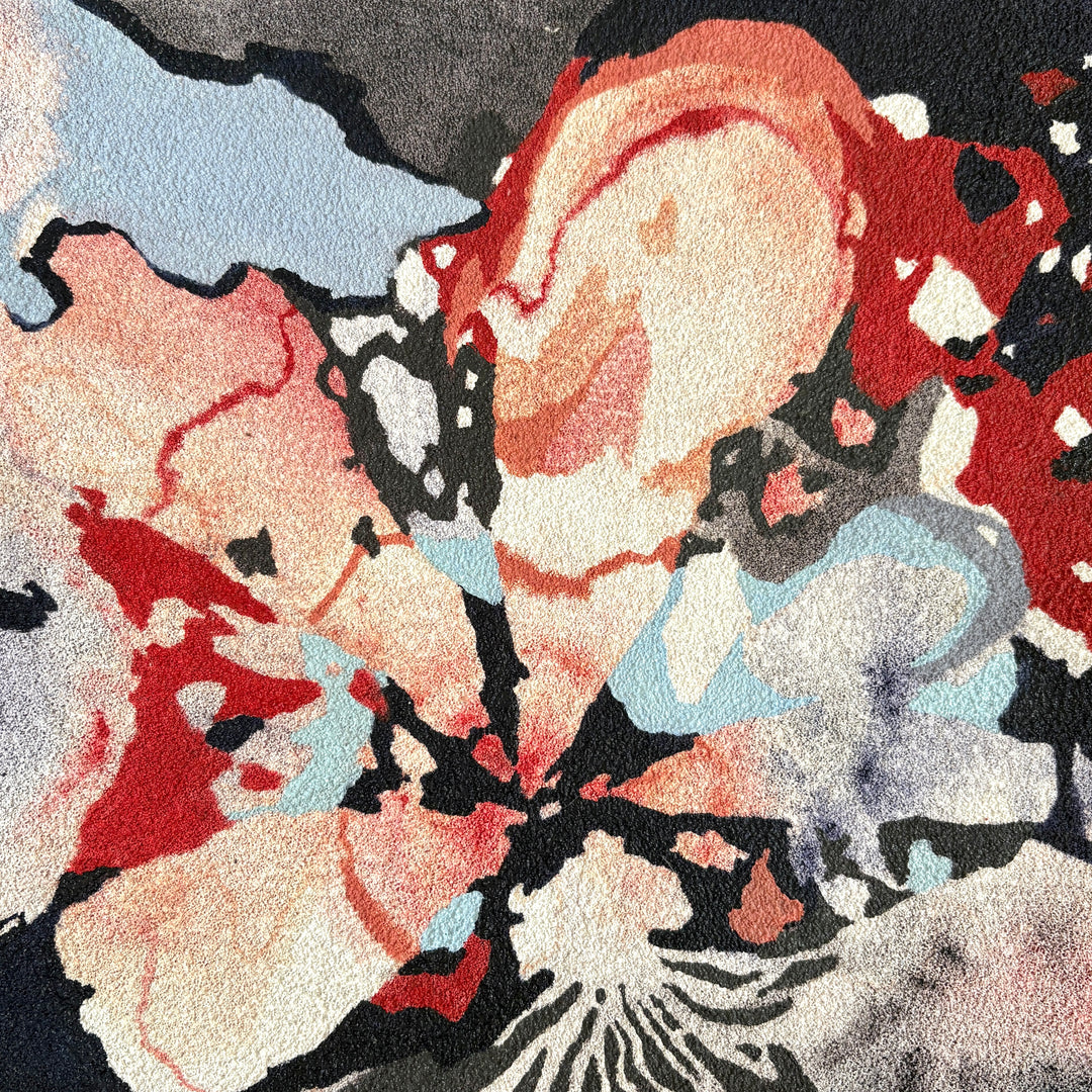 abstract floral shape organic roots fields of color linework and gradient in blue orange and red on pumice in oil