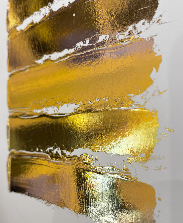 Golden Texture No. 375 by M. Clark, thick gold brush strokes on white background, gold foil artwork, abstract