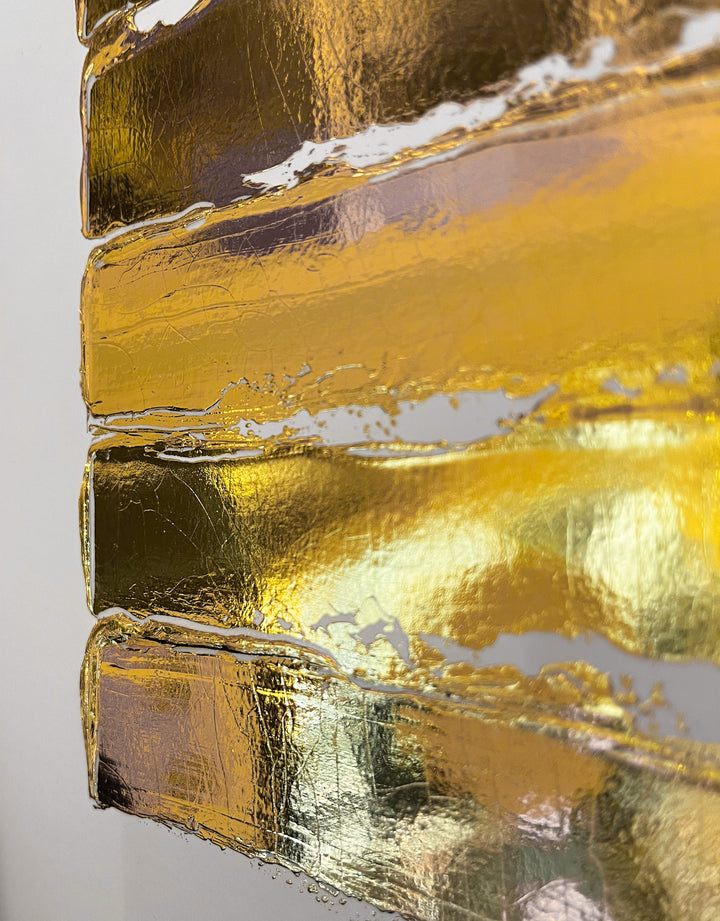 Golden Texture No. 375 by M. Clark, thick gold brush strokes on white background, gold foil artwork, abstract