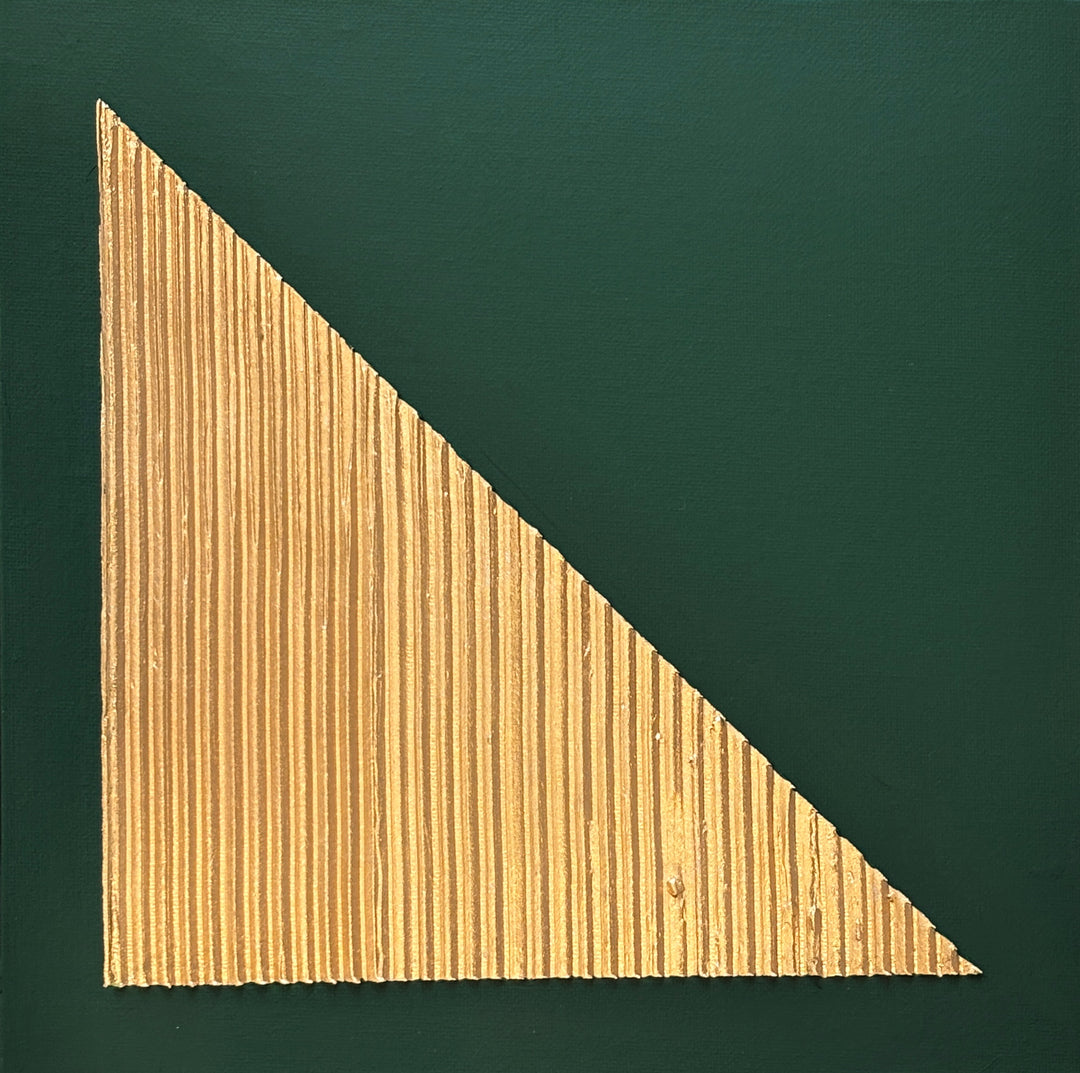 dark hunter green matte background with golden triangle textured with sculpted lines of joint compound in liquid gold leaf minimal geometric abstract