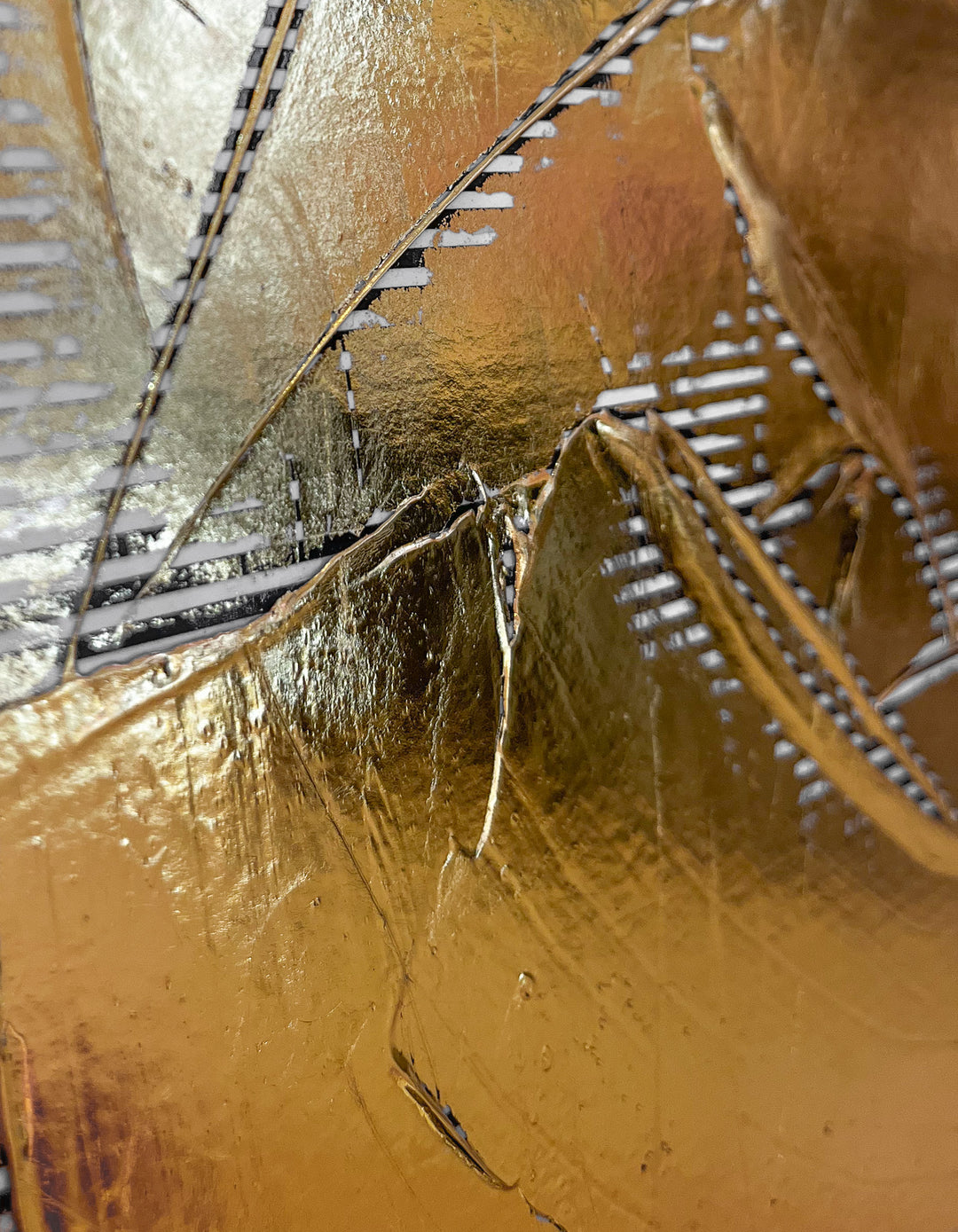 Golden Texture No. 365 by M. Clark, thick gold brush strokes on striped background, gold foil artwork, abstract