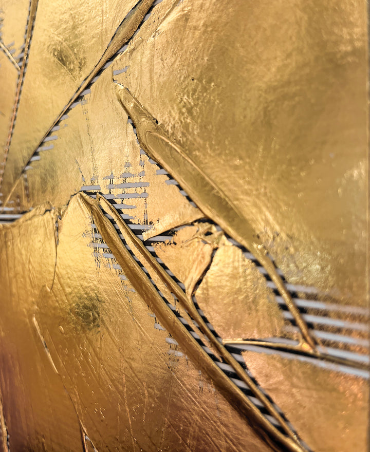 Golden Texture No. 365 by M. Clark, thick gold brush strokes on striped background, gold foil artwork, abstract