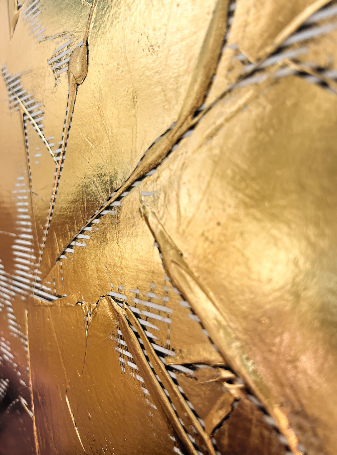 Golden Texture No. 365 by M. Clark, thick gold brush strokes on striped background, gold foil artwork, abstract