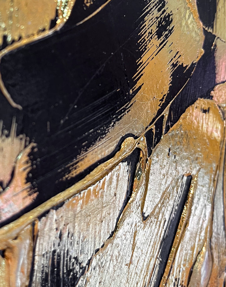 Golden Texture No. 385 by M. Clark, thick gold brush strokes on black background, gold foil artwork, abstract