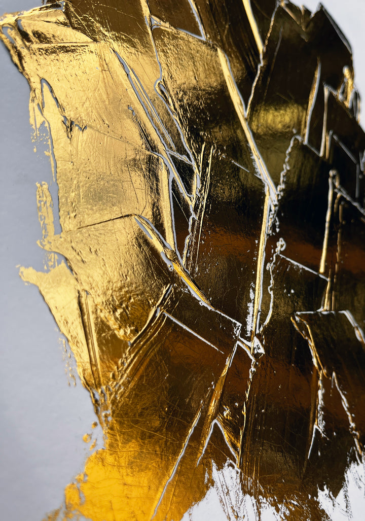 Golden Texture No. 395 by M. Clark, thick gold brush strokes on white background, gold foil artwork, abstract