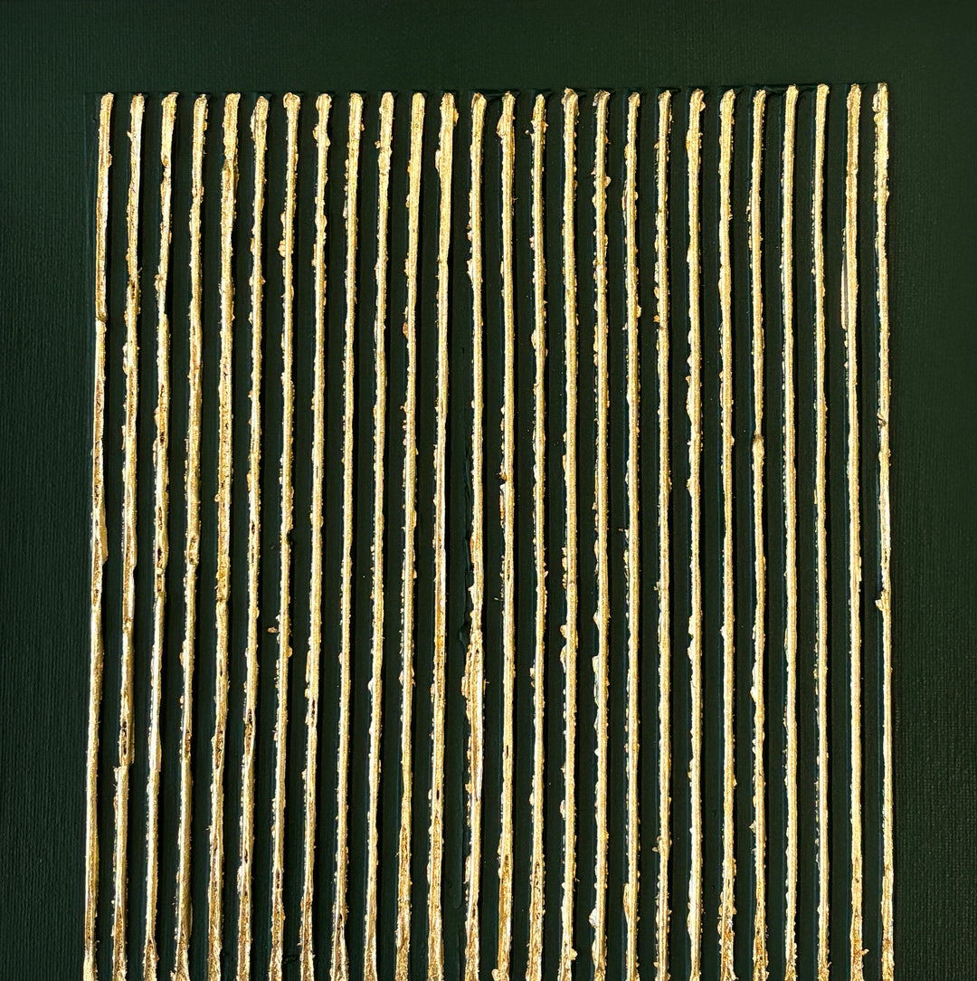 dark green hunter mate background with golden shiney lines vertical minimal abstract with joint compound textured