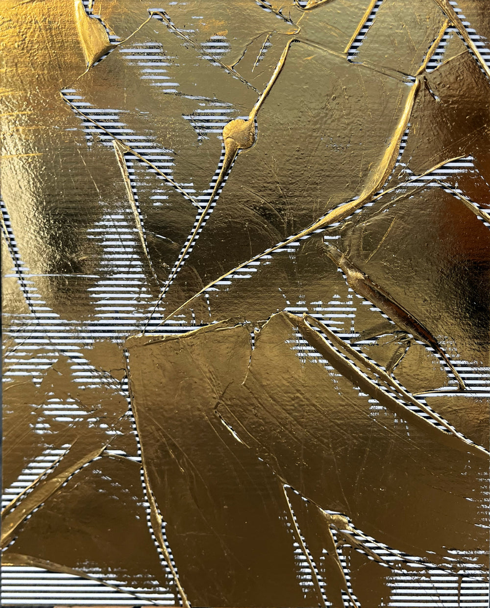 Golden Texture No. 365 by M. Clark, thick gold brush strokes on striped background, gold foil artwork, abstract