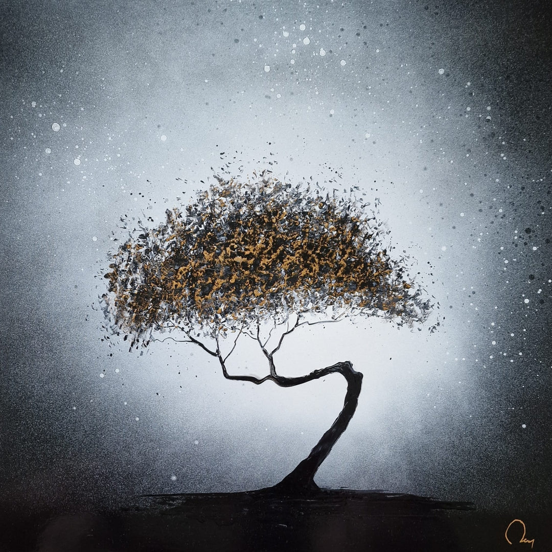 A simple portrait of a tree with a winding truck and gold leaves on top of a hill. Painted with black and white Chinese Lacquer and gold leaf by Julien Rey.