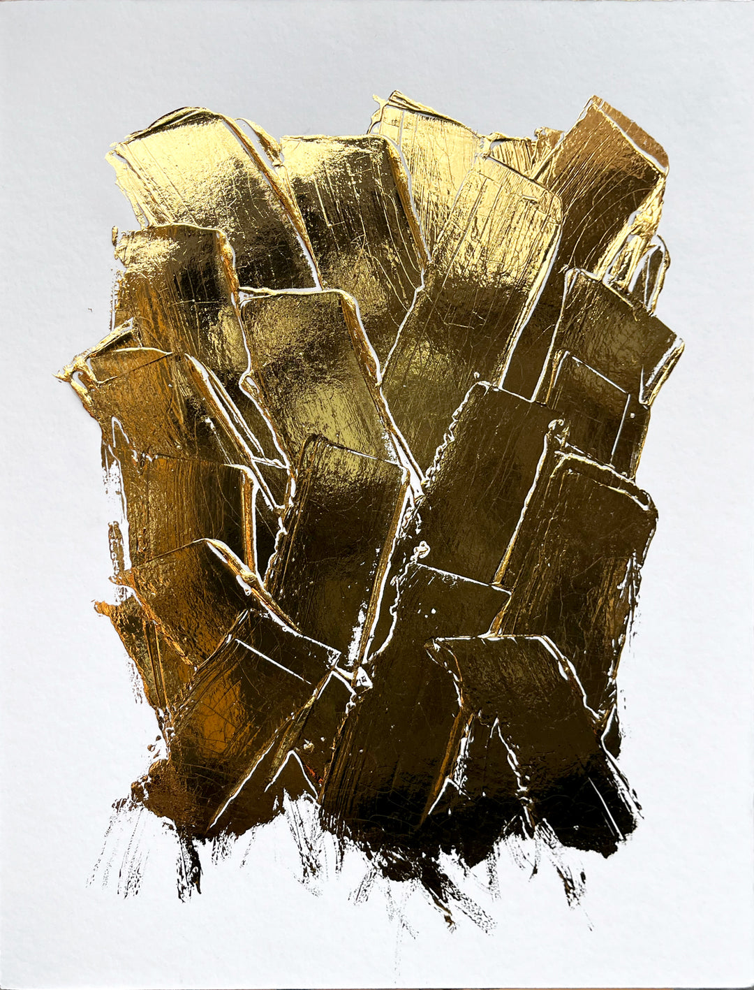 Golden Texture No. 395 by M. Clark, thick gold brush strokes on white background, gold foil artwork, abstract