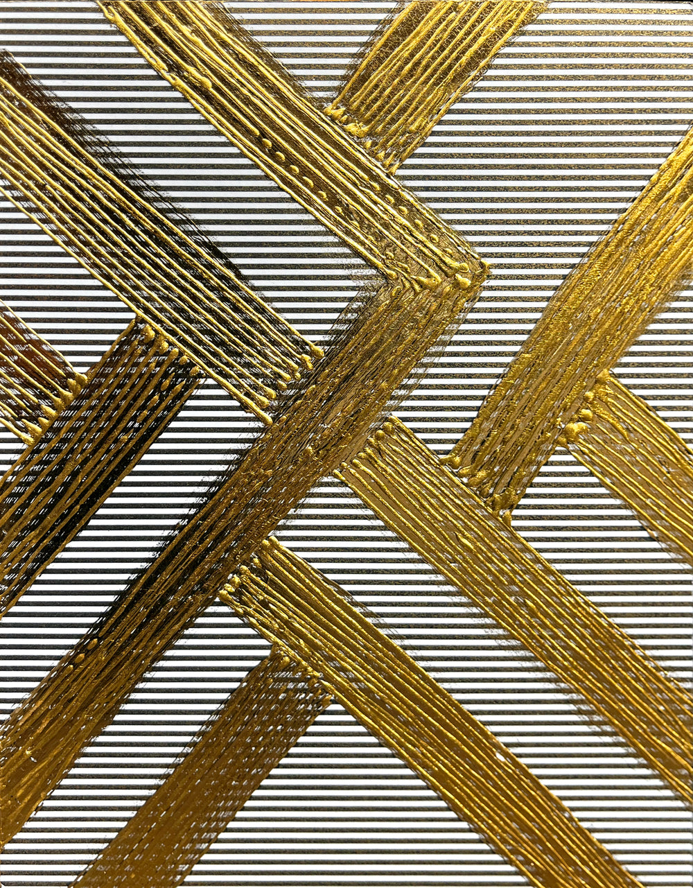 Golden Texture No. 405 by M. Clark, gold chevron like pattern on striped background, gold foil artwork, abstract