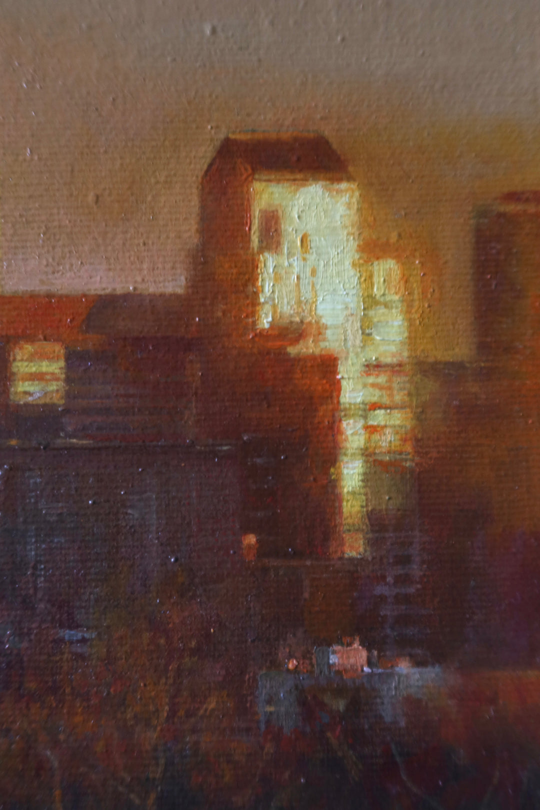 Philadelphia downtown skyscraper city skyline buildings landscape golden hour orange and yellow reflective tones in oil paint