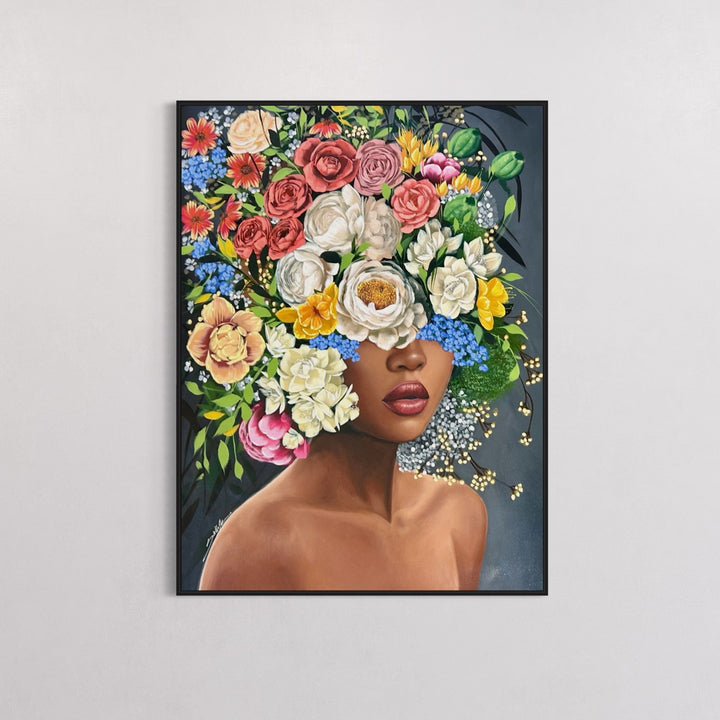 Grace by Sally K. acrylic on canvas painting of a woman with flowers surrounding her face, dark grey foreground, white, green, pink and yellow flowers. 
