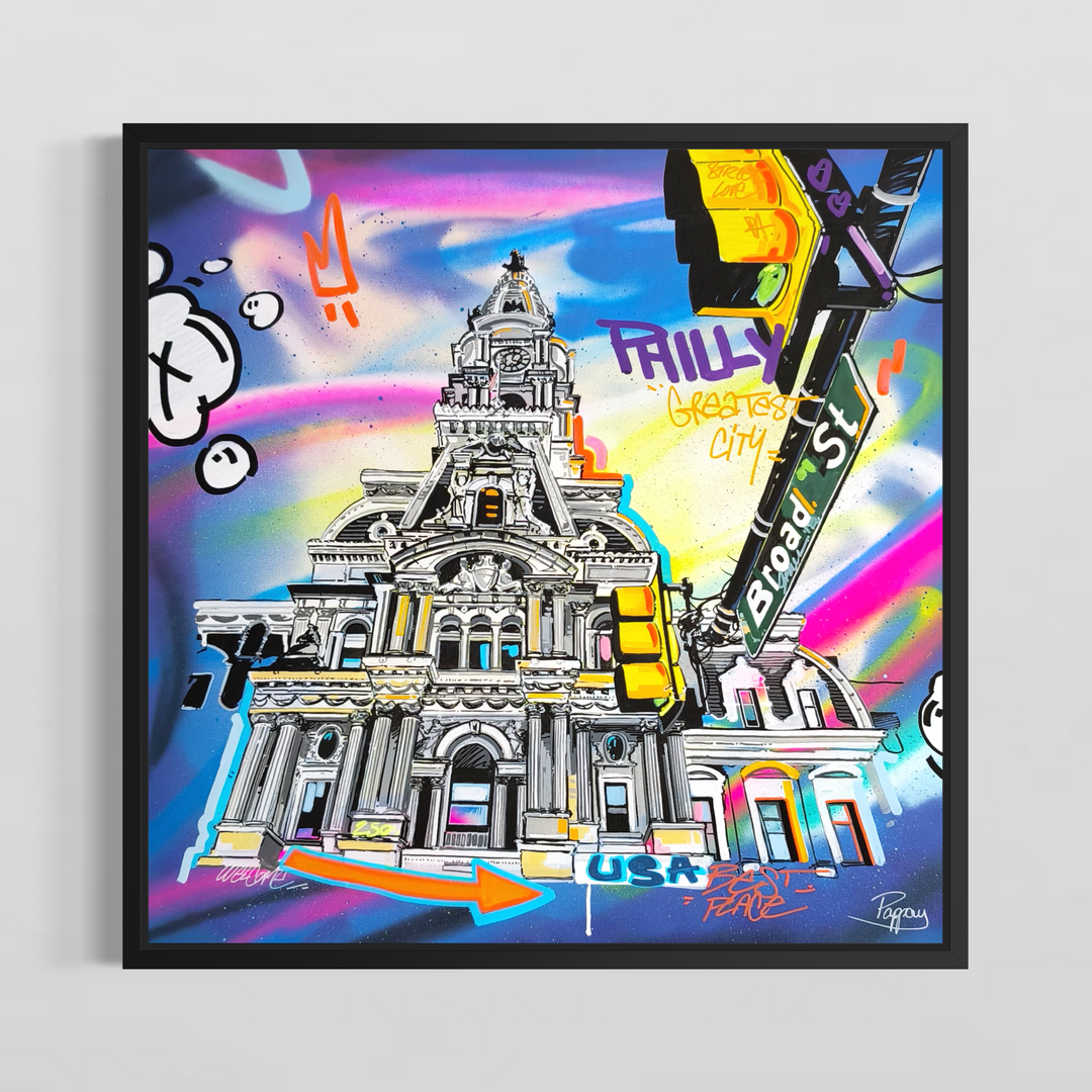 Framed "Greatest City" acrylic graffiti painting by Pappay shown against a plain white wall, front view
