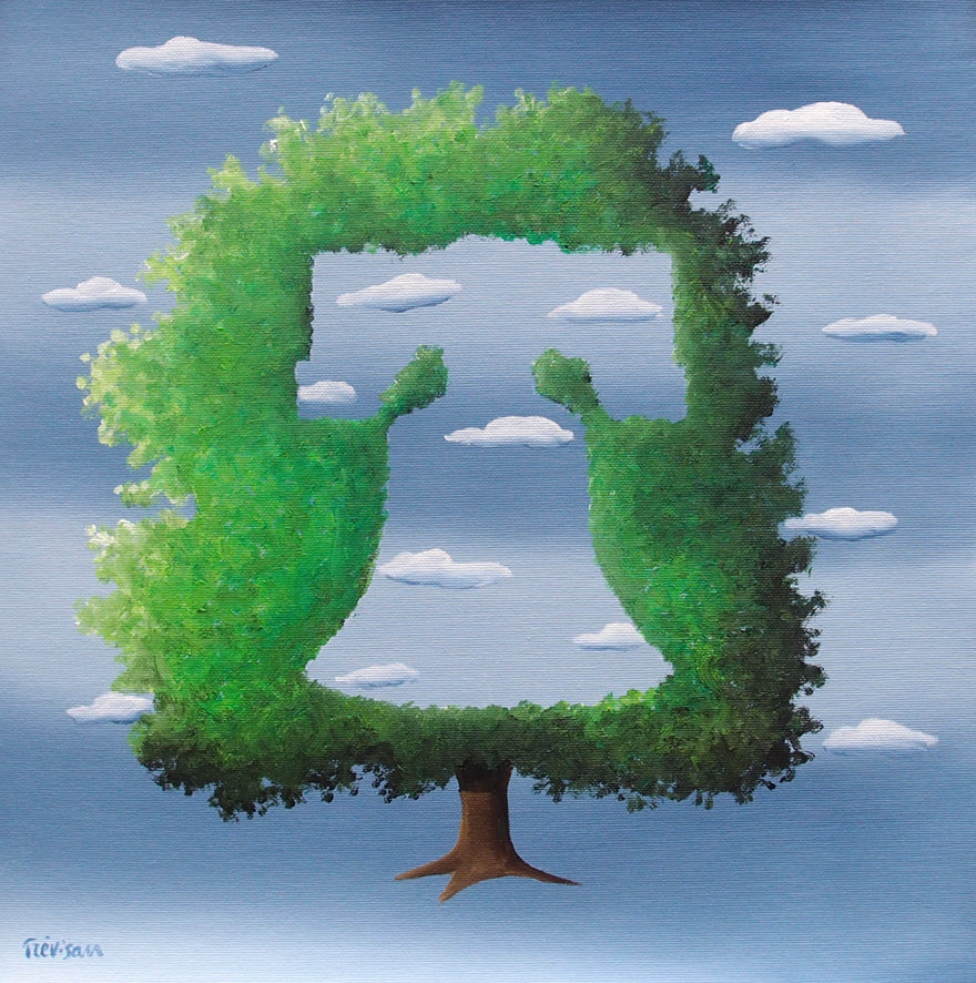 "Green Bell" by Italian artist Carlo Trevisan — a surrealist oil painting on canvas depicting a lush green tree topiary sculpted into the silhouette of the Liberty Bell against a Magritte-inspired cloudy blue sky. The ingenious composition merges Philadelphia's most iconic symbol with an environmental message celebrating nature and sustainability. Original contemporary surrealist Philadelphia Liberty Bell environmental art painting on canvas available at Morton Contemporary gallery.