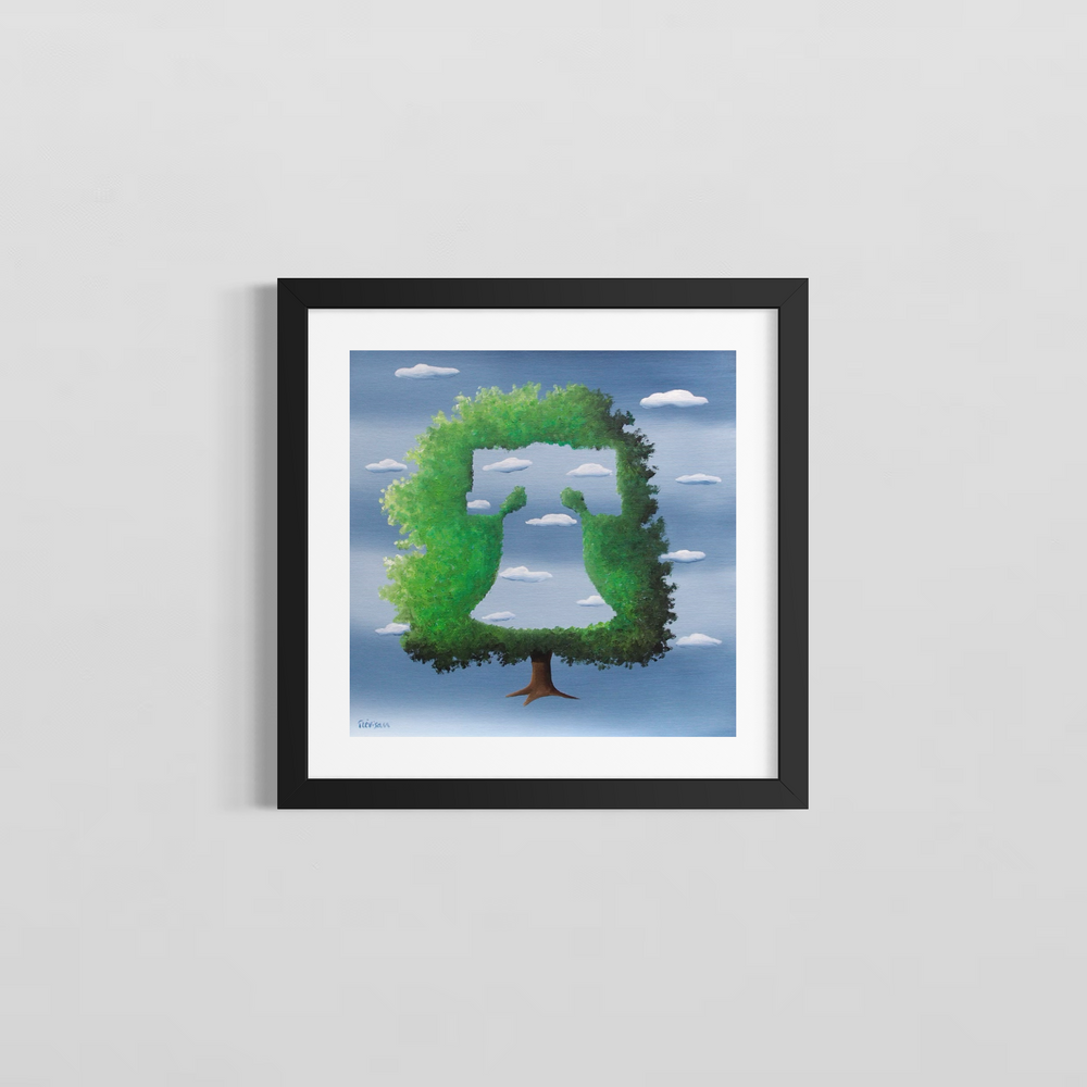"Green Bell" by Italian artist Carlo Trevisan — a surrealist oil painting on canvas depicting a lush green tree topiary sculpted into the silhouette of the Liberty Bell against a Magritte-inspired cloudy blue sky. The ingenious composition merges Philadelphia's most iconic symbol with an environmental message celebrating nature and sustainability. Original contemporary surrealist Philadelphia Liberty Bell environmental art painting on canvas available at Morton Contemporary gallery.
