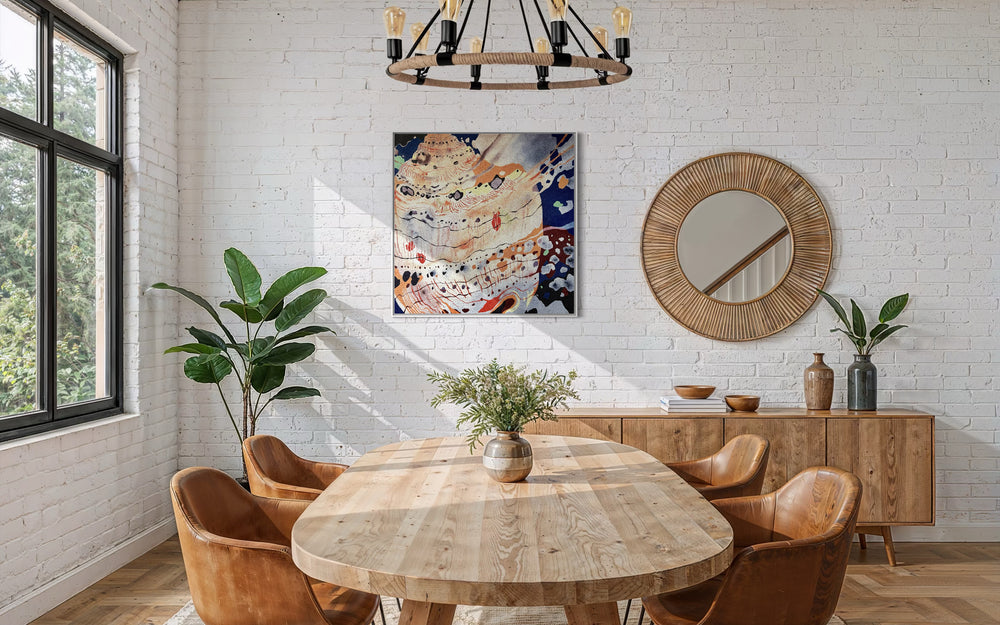 pumice primed canvas textured with rough rock surface in oil paint creating abstract paintings inspired by natural patterns in nature organic shapes gradient background opaque color blocking line work weight  sea shell in pink peach tones by local artist Erin Touey