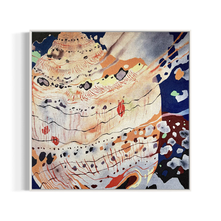 pumice primed canvas textured with rough rock surface in oil paint creating abstract paintings inspired by natural patterns in nature organic shapes gradient background opaque color blocking line work weight  sea shell in pink peach tones by local artist Erin Touey