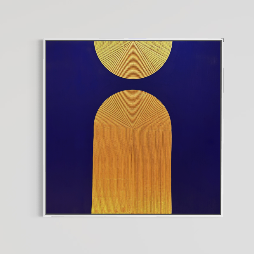 Lee in Cerulean, Halo Vaste II, joint compound and acrylic paint on canvas, 48 x 48 inches. Square deep blue painting with a gold semicircle and gold arch in a thin white float frame on a light grey wall.