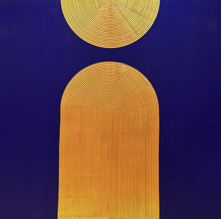 Lee in Cerulean, Halo Vaste II, joint compound and acrylic paint on canvas, 48 x 48 inches. Square textured painting with a deep blue background, a gold semicircle of concentric raised ridges at the top edge, and a tall gold arch of ridges rising from the bottom edge.