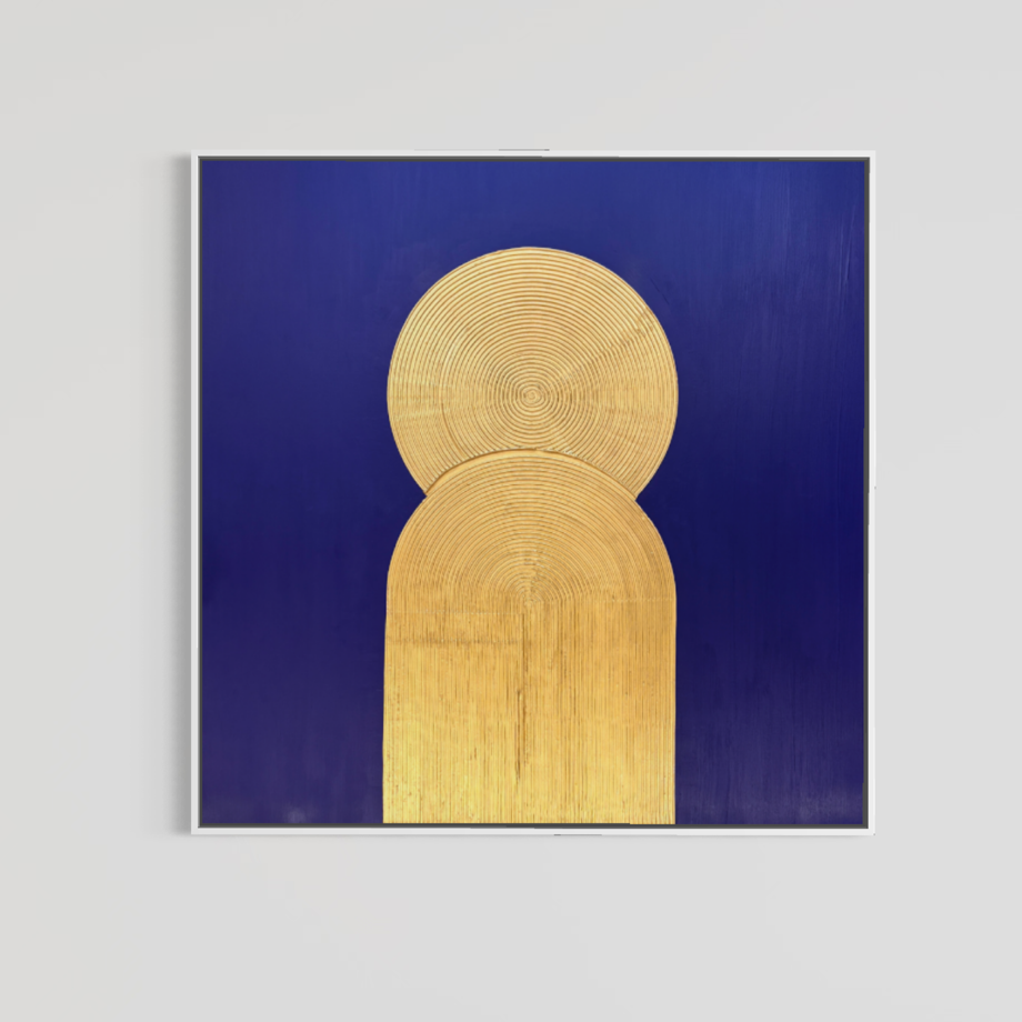 Lee in Cerulean, Halo Vaste I, joint compound and acrylic paint on canvas, 48 x 48 inches. Square deep blue painting with a gold circle and arch in a thin white float frame on a light grey wall.