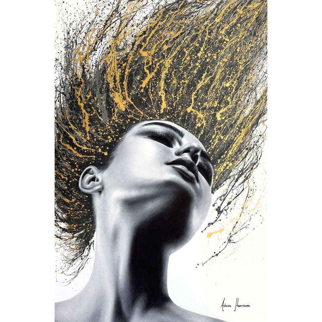 Woman flipping her hair, as golden and black paint splattered, high contrast painting