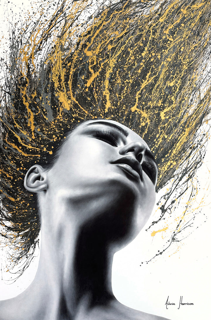 Woman flipping her hair, as golden and black paint splattered, high contrast painting