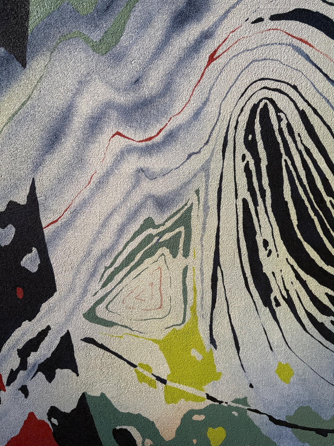 pumice primed canvas textured with rough rock surface in oil paint creating abstract paintings inspired by natural patterns in nature organic shapes gradient background opaque color blocking line work weight  green blue tones create fingerprint pattern identity with pops of red throughout  by local artist Erin Touey