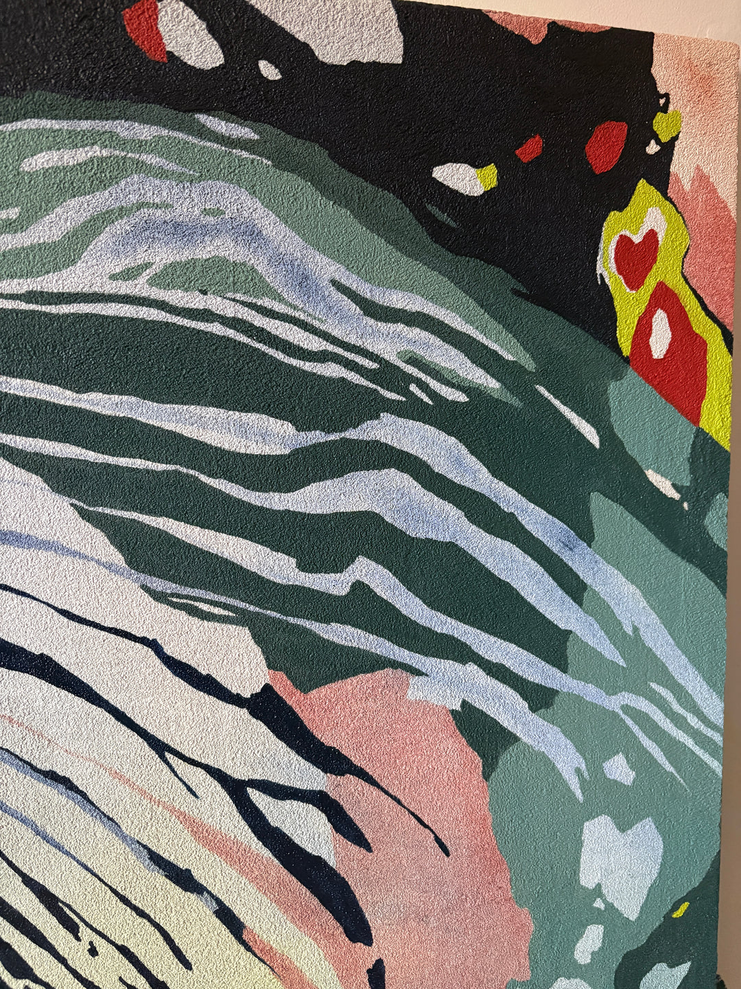 pumice primed canvas textured with rough rock surface in oil paint creating abstract paintings inspired by natural patterns in nature organic shapes gradient background opaque color blocking line work weight  green blue tones create fingerprint pattern identity with pops of red throughout  by local artist Erin Touey