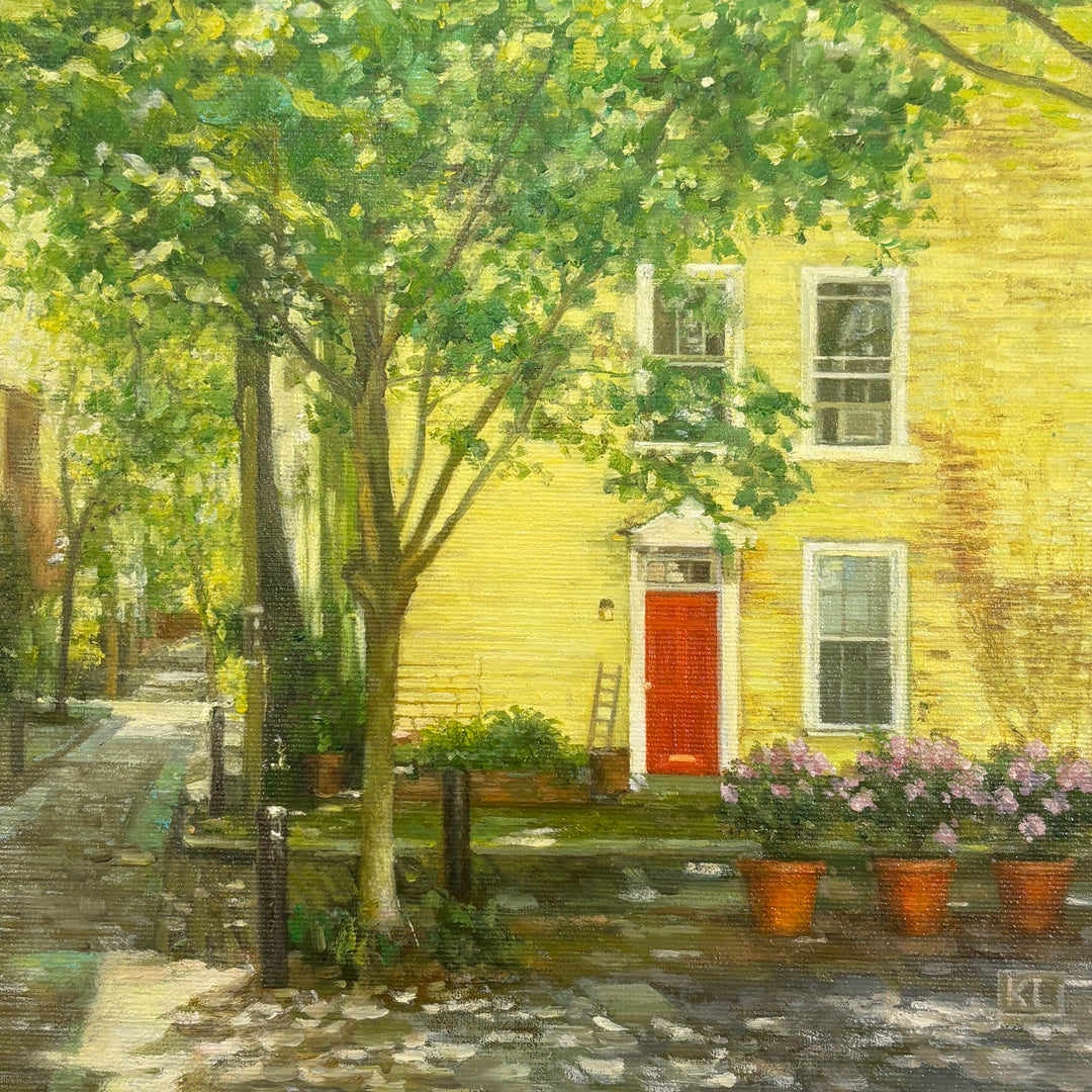 Oil painting of a yellow house with red door, with a cobblestone sidewalk. Rich colors in the house and nature around it
