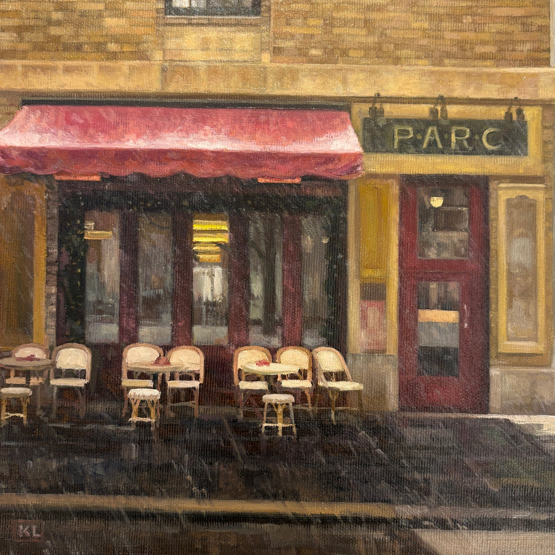 Oil painting of Parc restaurant in Philadelphia while it's raining, rich maroon colors and outdoor seating