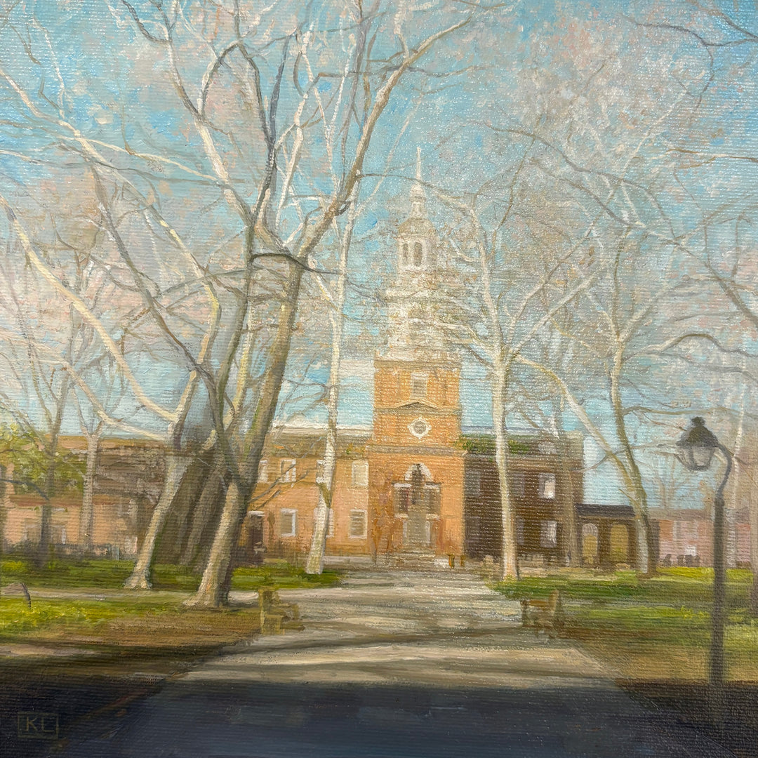 Oil painting of Christ Church in Philadelphia, with light blue sky and silver/grey trees