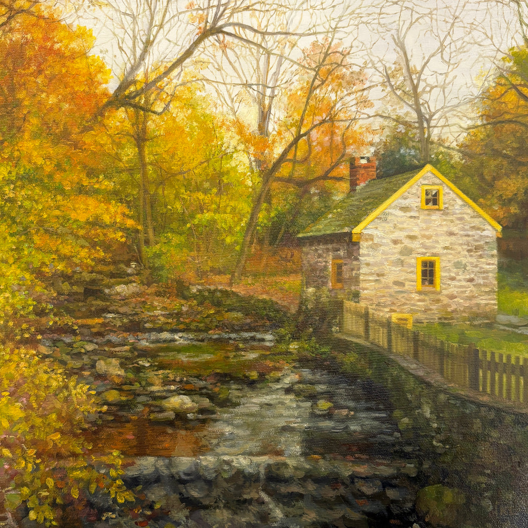 Oil painting of a historic brick home on the side a creek, trees surrounding it turning from green to yellow