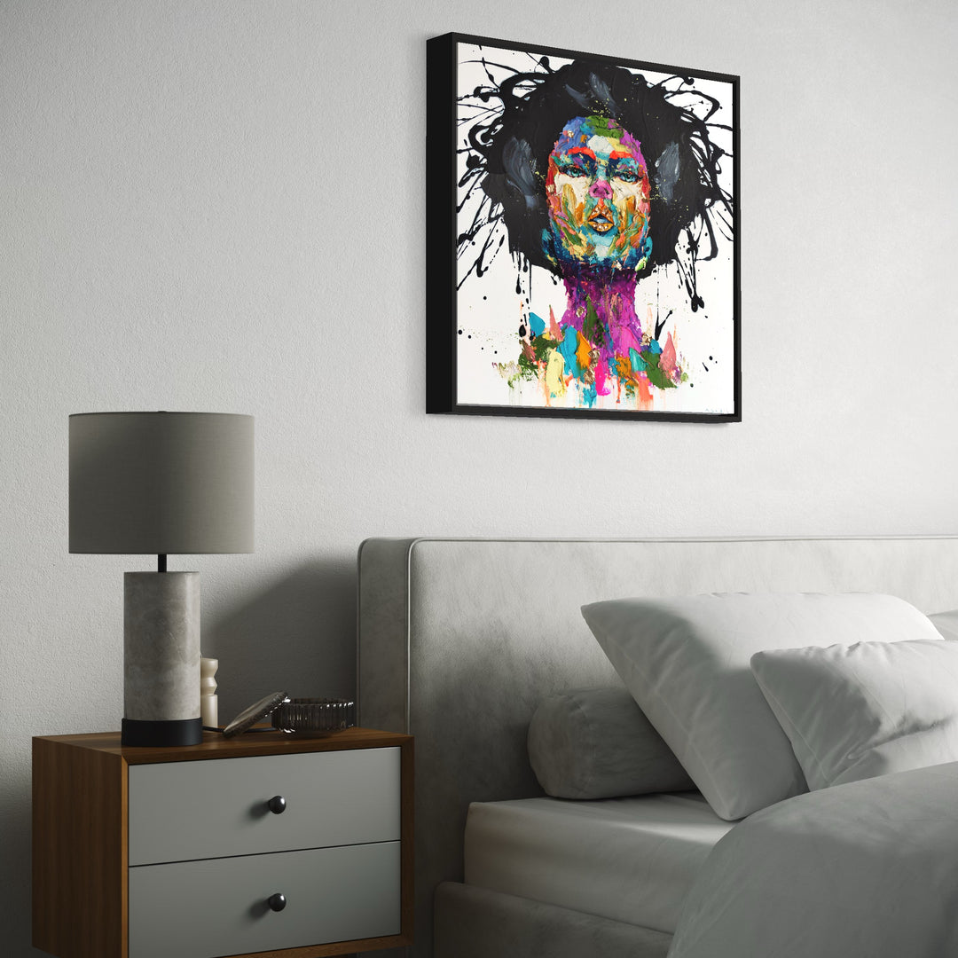 front on portrait of woman with black expressionist painted hair in black, thick layers of paint applied to canvas with brushes and knives, skin made up of purple, blue, green, yellow, and red abstract marks of impasto acrylic on white background 