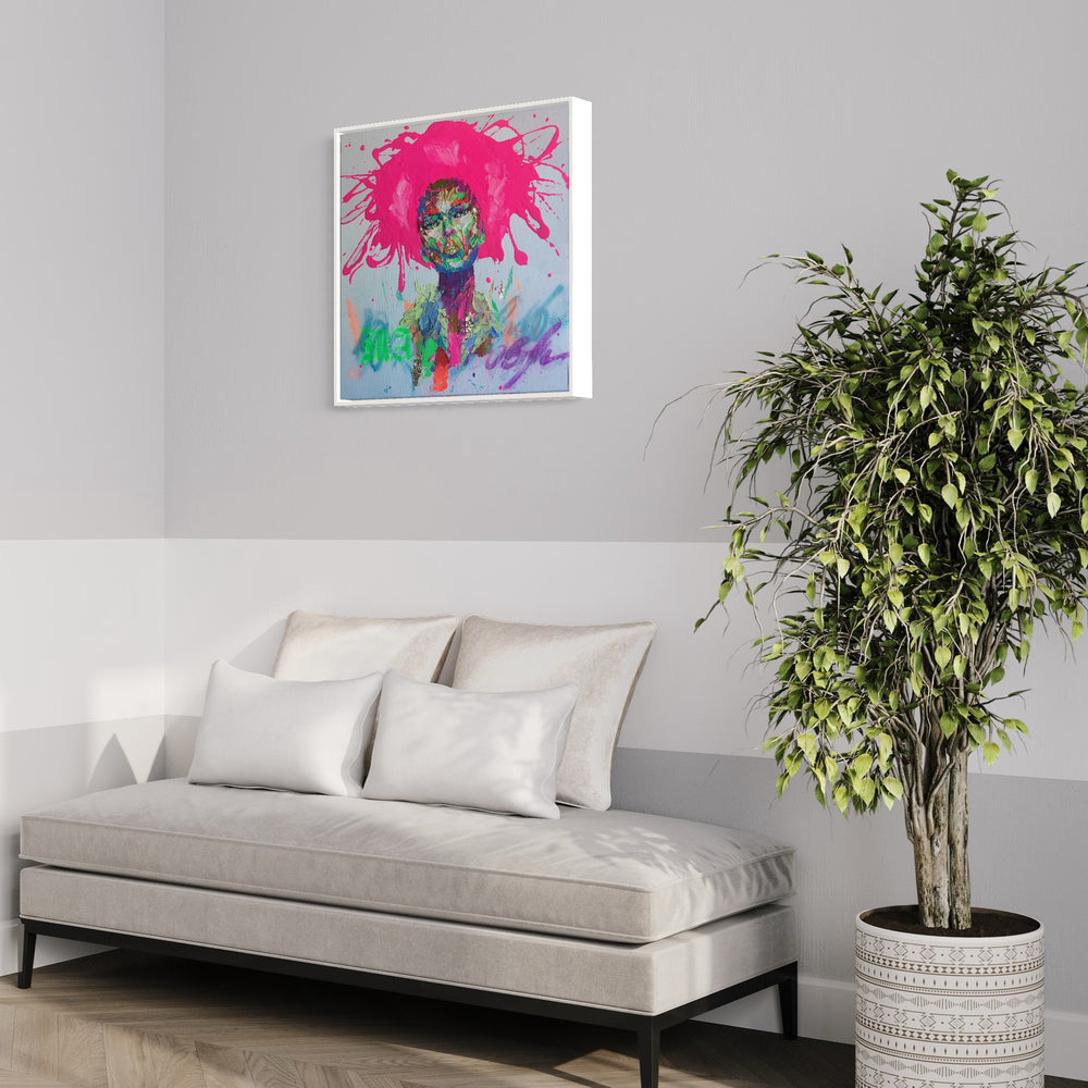 front facing portrait of woman with pink splattered paint hair and skin made of green red blue yellow purple and pink in impasto thick acrylic with details of gold foil and gestural marks of color at bottom of canvas on white background