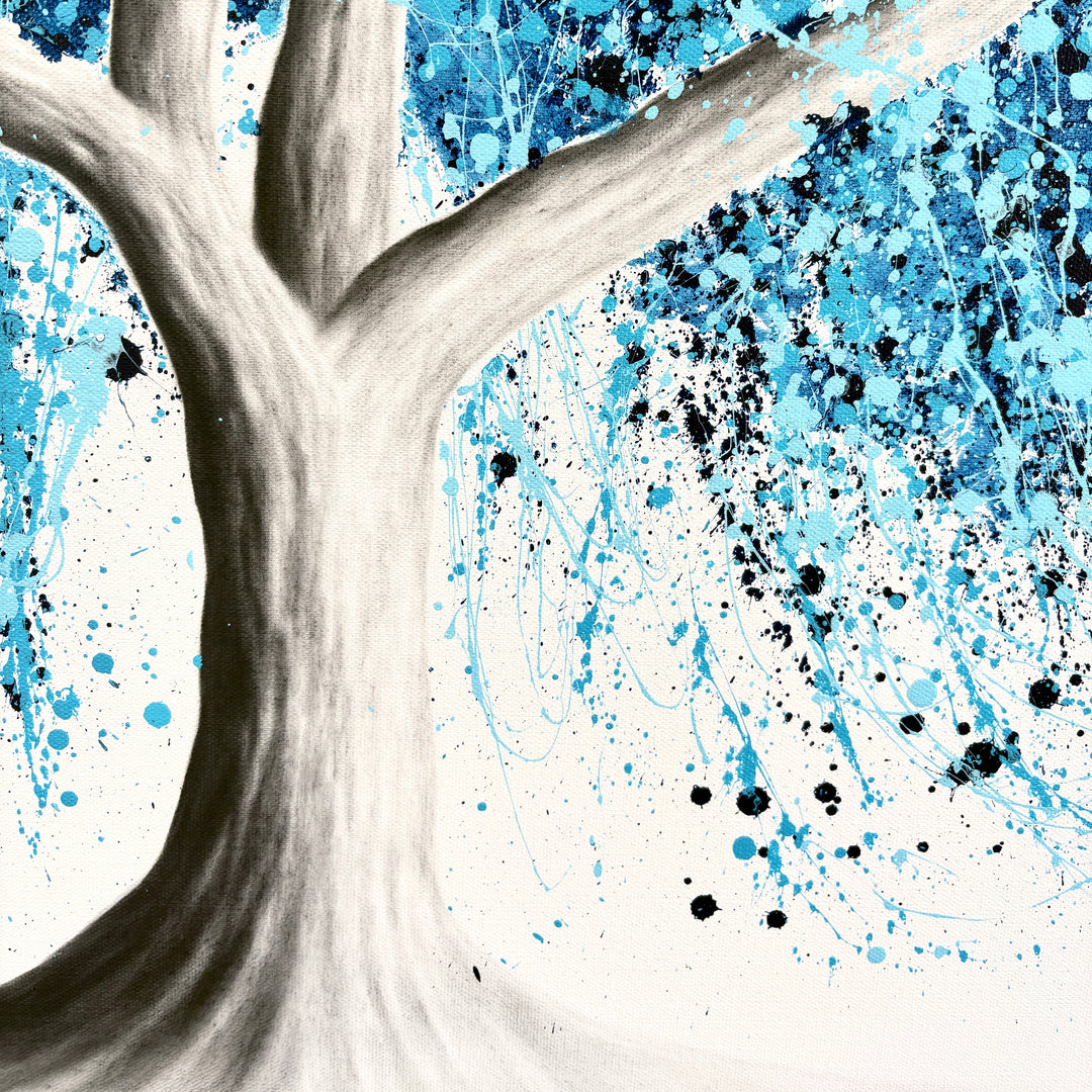 tree trunk and branches in black and white realistic with paint splattered blue expressionist abstract leaves acrylic in light blue and dark on white background