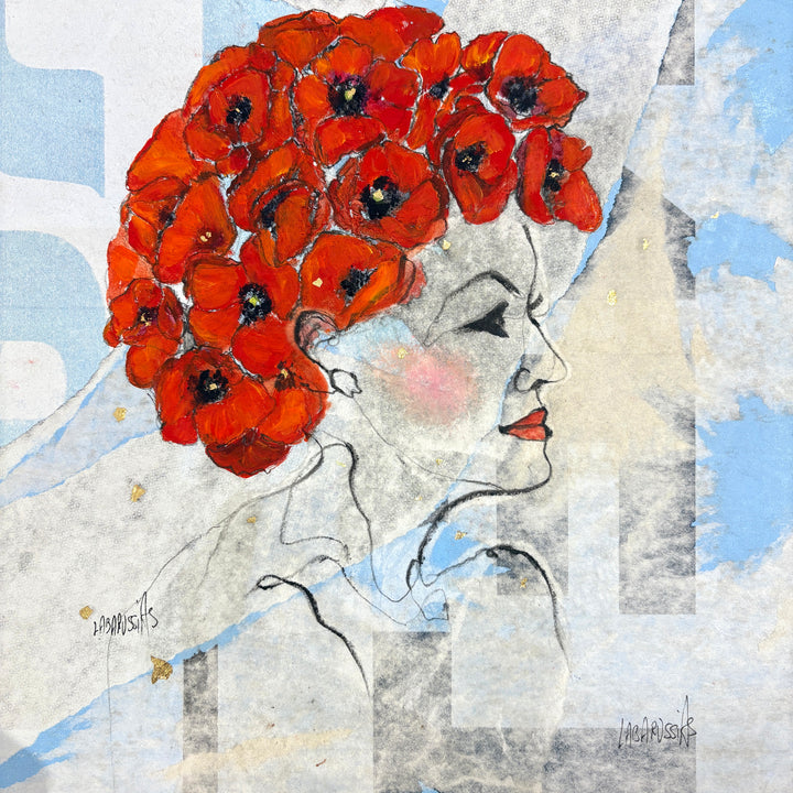 side view portrait sketch of woman in charcoal with red lips and red floral head covering on collage blue paper