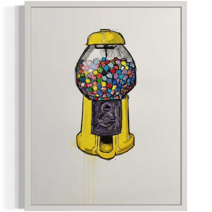 yellow gumball machine with balls of many colors sitting on blank white background in charcoal and acrylic
