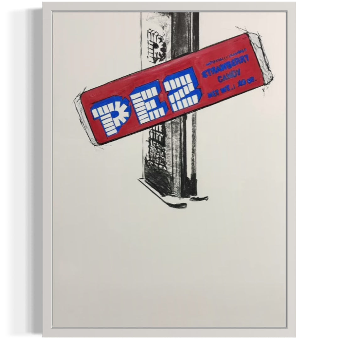red graphic pez candy in charcoal and acrylic layered atop charcoal drawing of pez in black and grey, compositionally positioned towards top of blank white background