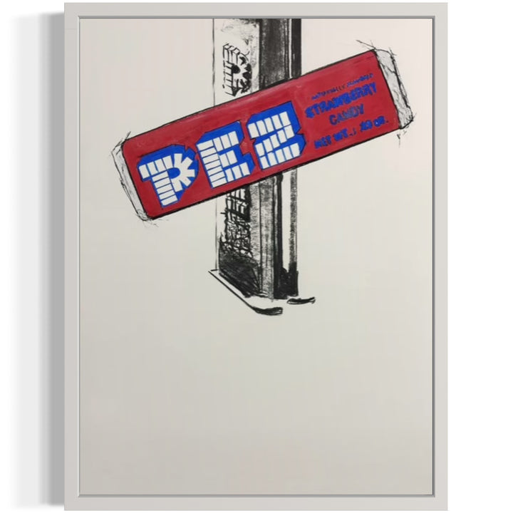 red graphic pez candy in charcoal and acrylic layered atop charcoal drawing of pez in black and grey, compositionally positioned towards top of blank white background