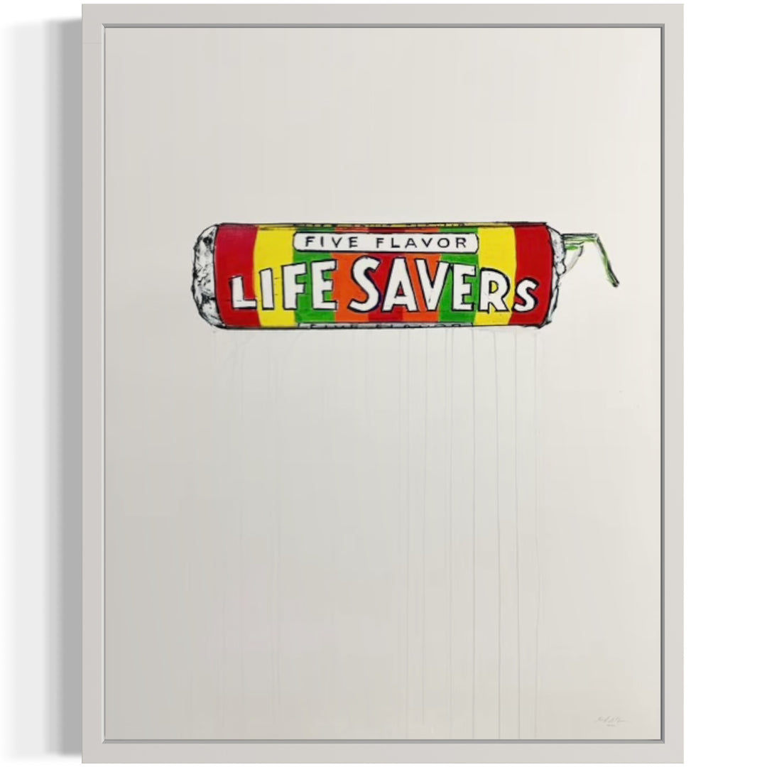 graphic life savers candy drawing in charcoal with red green orange and yellow dripping down blank white background