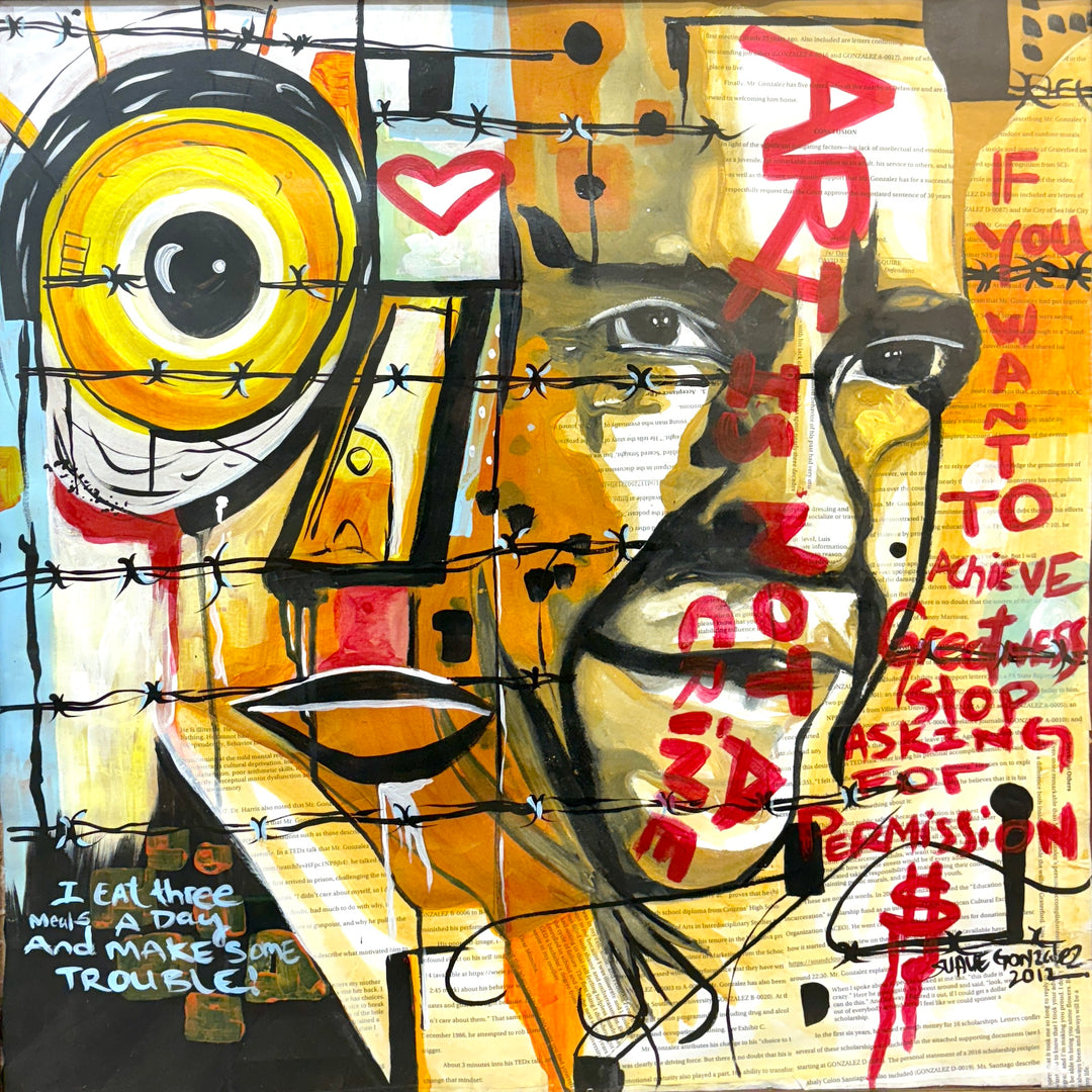 collage of paperwork, portraiture, text and illustration of barbed wire in yellow and orange mixed media collage