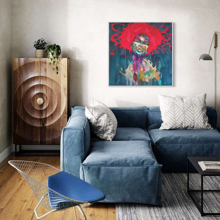 woman portrait green eyes red hair paint splattered palette knife expressionist and gold foil on blue background