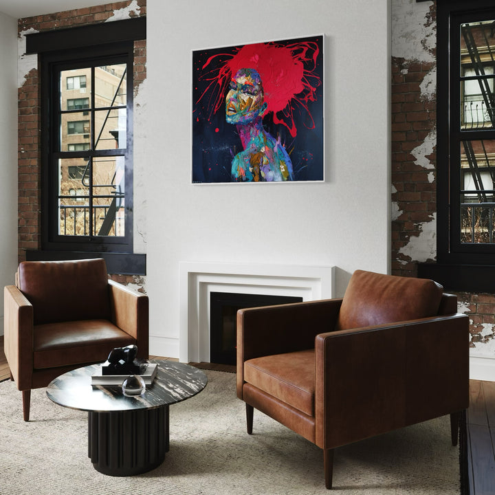 side view profile woman portrait mouth open multicolor paint splatter face with red hair on dark blue background and red splattered hair