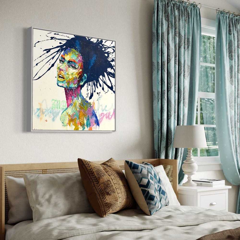 side profile portrait woman face painted thick and expressionistically with many colors blue hair splattered and text spray painted stencil on white background