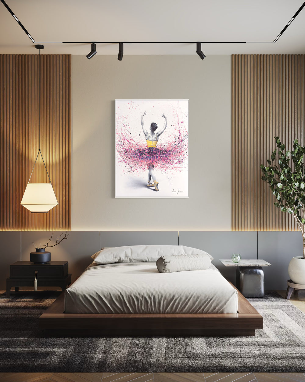 turning ballerina woman female figure in black and white wearing paint splatter acrylic tutu in pink and purple on white background