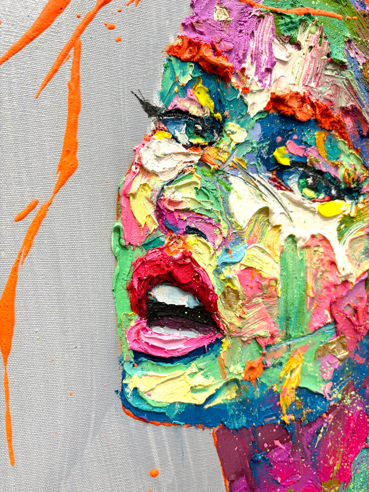 woman facing left with 3/4 profile view with skin made of thick layer of green pink red orange purple yellow impasto acrylic paint, with splattered orange hair on blue background
