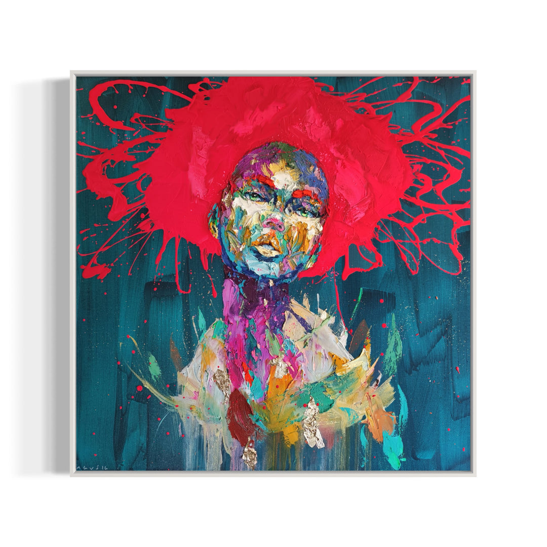 woman portrait green eyes red hair paint splattered palette knife expressionist and gold foil on blue background